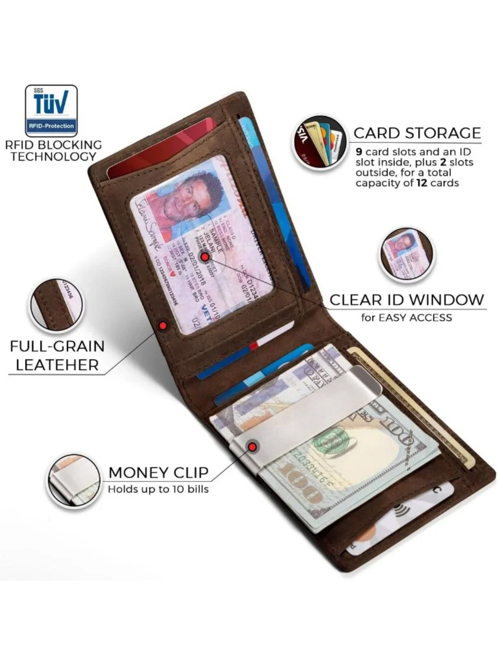 Slim RFID Blocking Leather Wallet for Men - 12 Card Bifold with Money Clip & ID